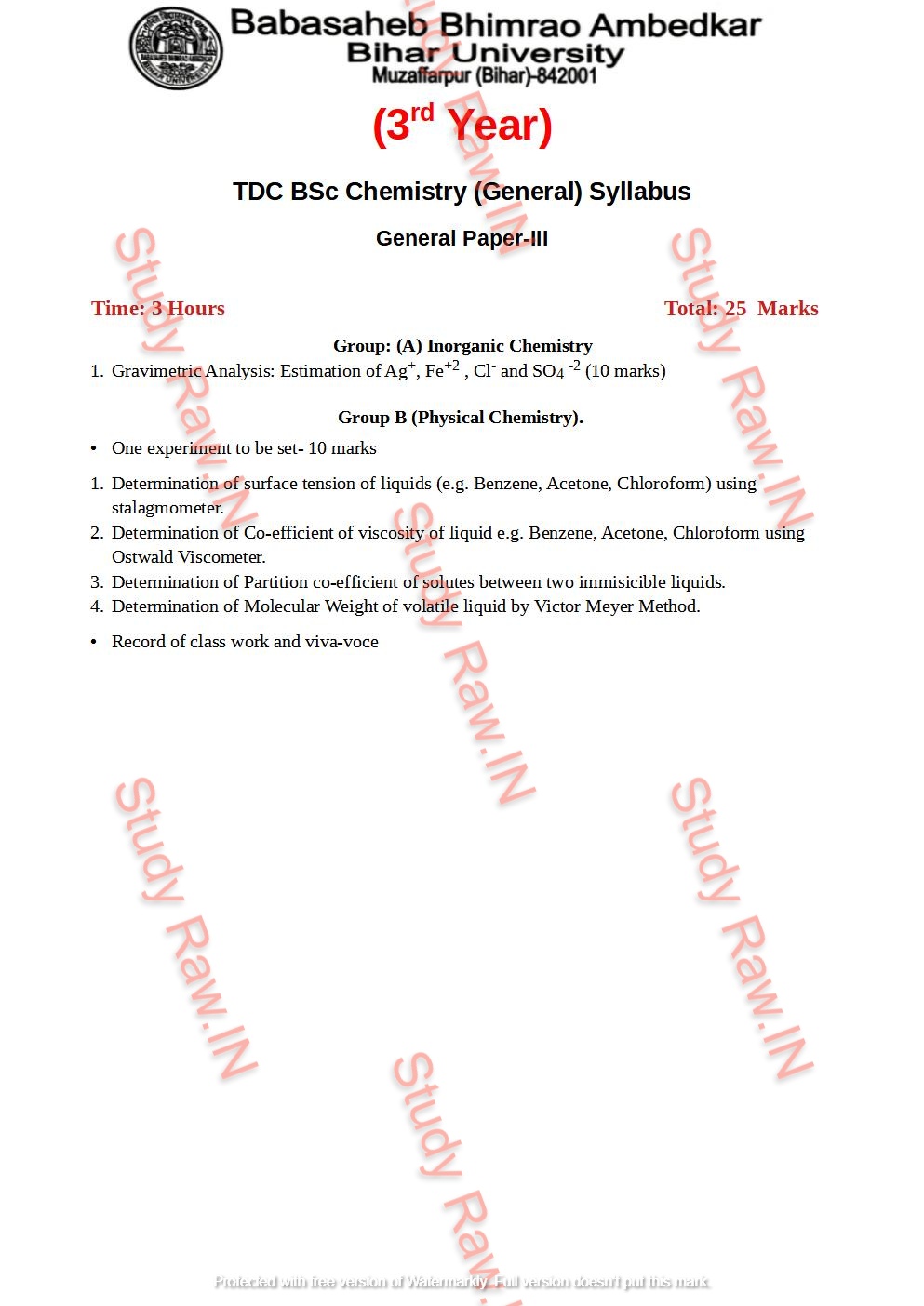 BRABU BSc Chemistry General Part-3 Syllabus - Study Raw.IN: Education Hub