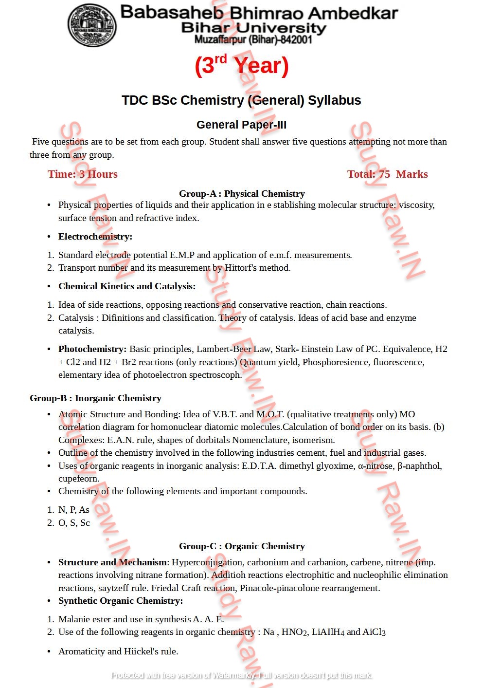 BRABU BSc Chemistry General Part-3 Syllabus - Study Raw.IN: Education Hub