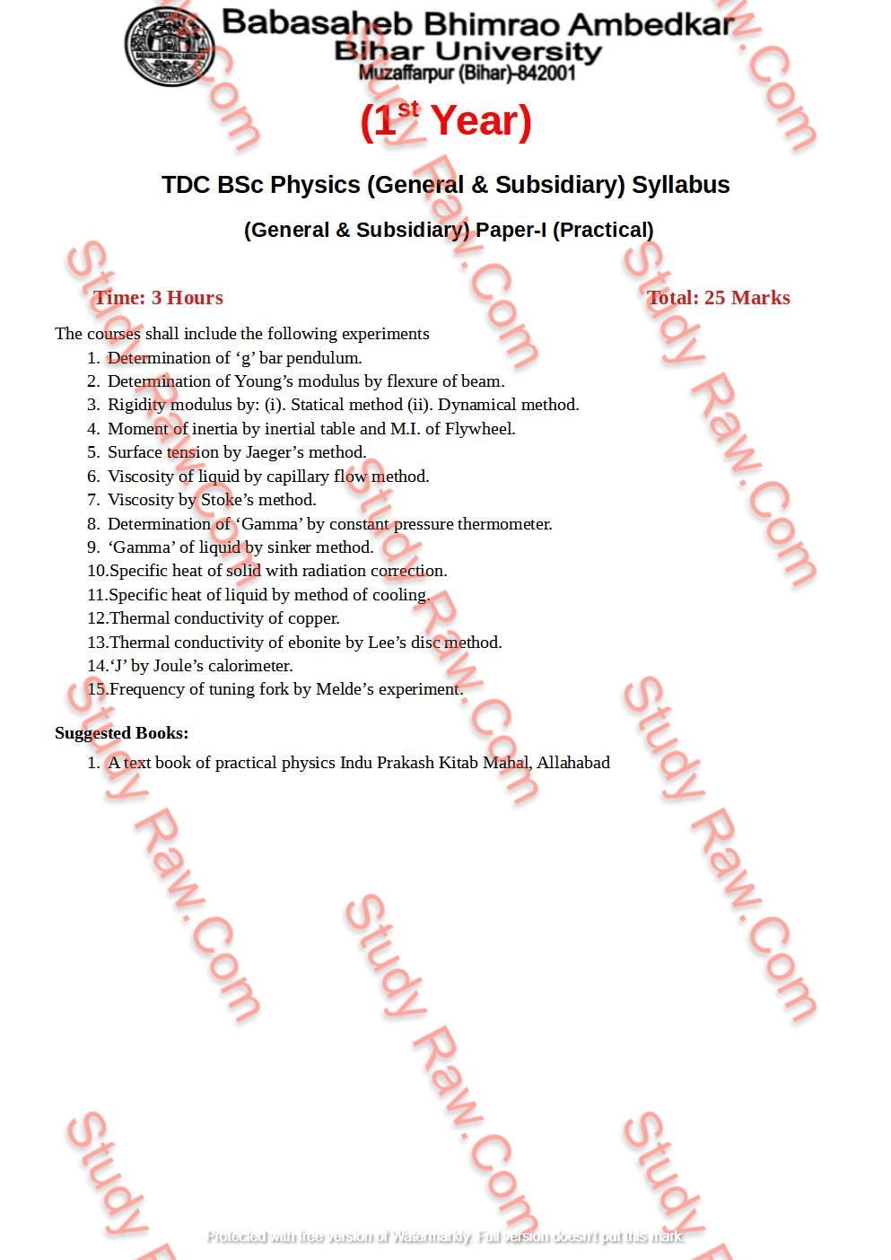 » BRABU BSc Physics Part-1 Syllabus/ General/ Subsidiary