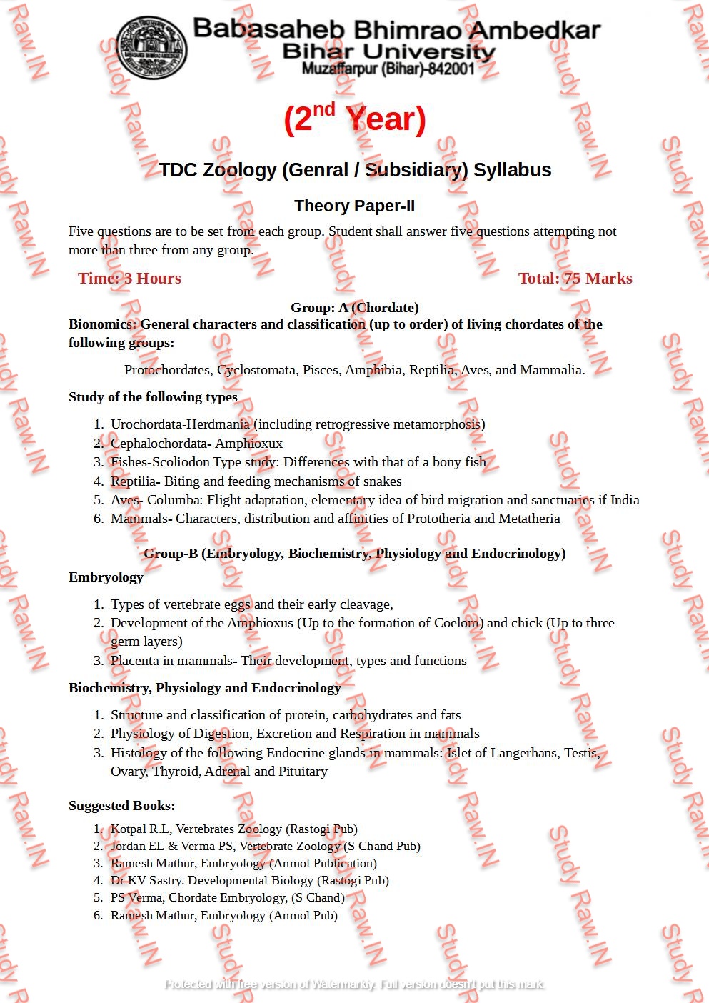 » BRABU BSc Zoology Part-2 Syllabus/ General/ Subsidiary